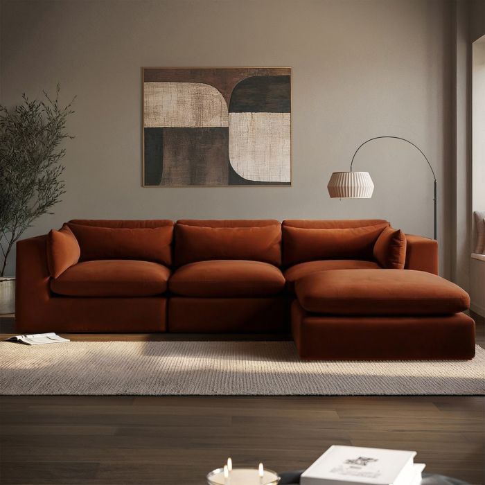 Large Burnt Orange Velvet Reversible 4 Seater Chaise Corner Sofa - Hudson