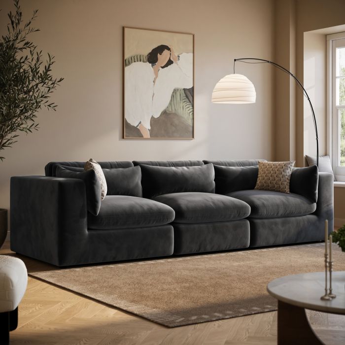 Large Charcoal Grey Velvet 4 Seater Sofa - Hudson