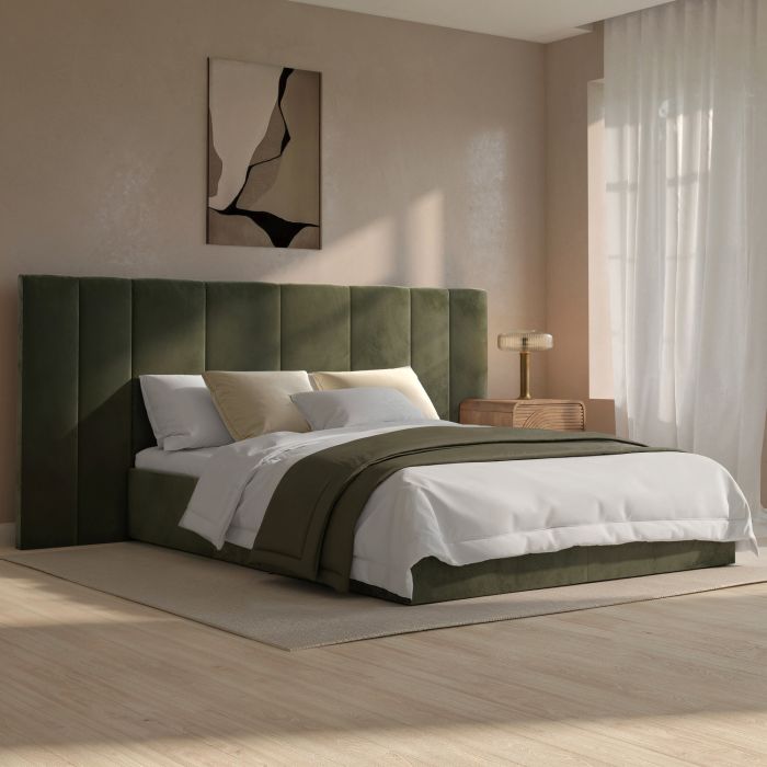 GRADE A1 - Olive Green Velvet Double Ottoman Bed with Wide Headboard - Iman