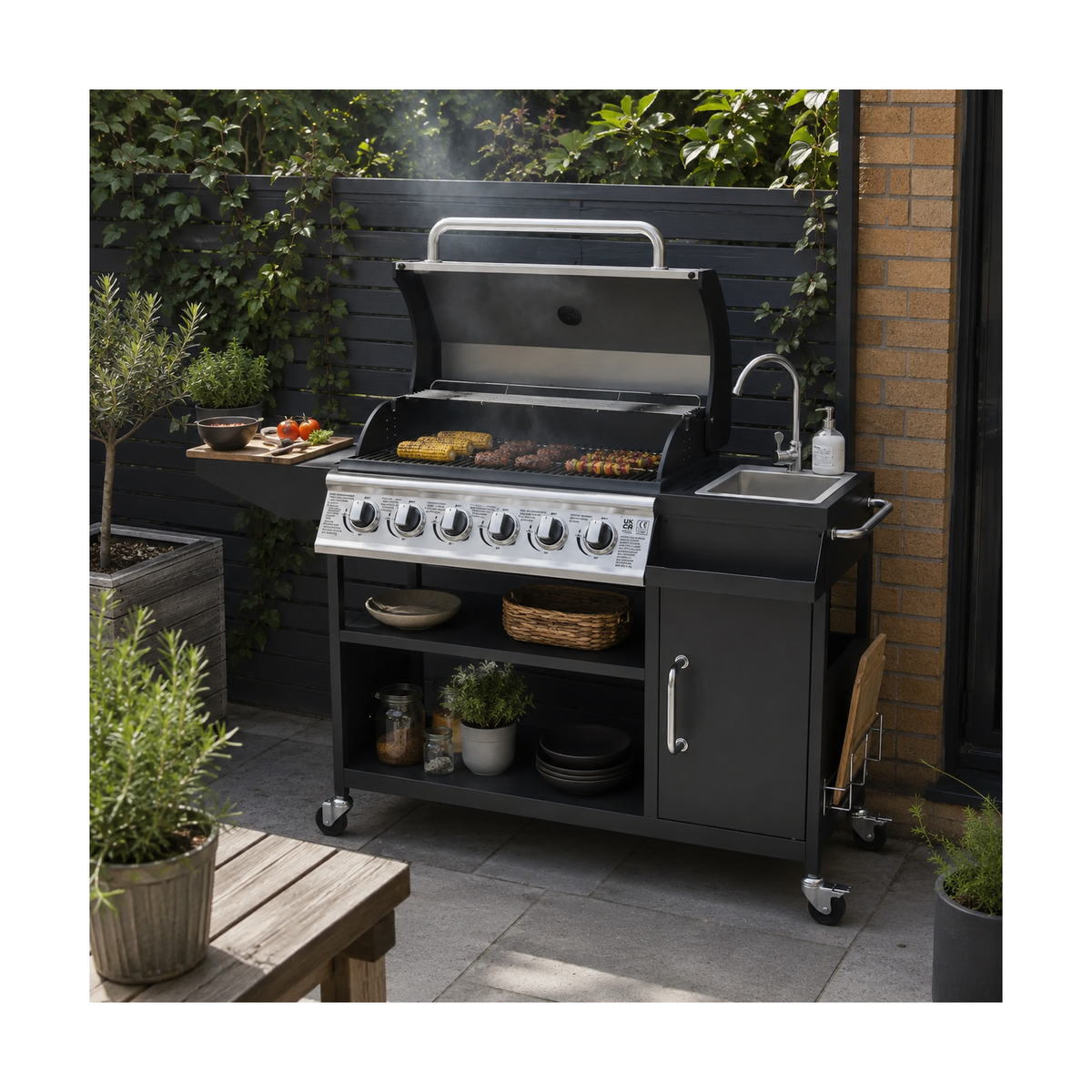 Boss Grill Texas Slimline Outdoor Kitchen - 6 Burner Gas BBQ with Sink and Chopping Board - Black