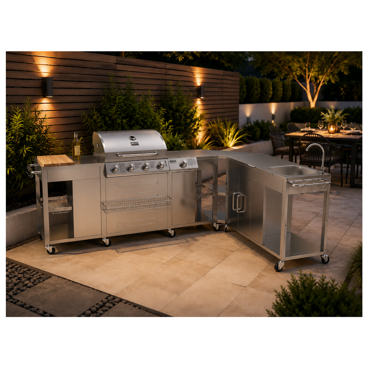 Boss Grill Texas Premium Modular Outdoor Kitchen - 4 Burner Gas BBQ Grill with Side Burner - Stainless Steel