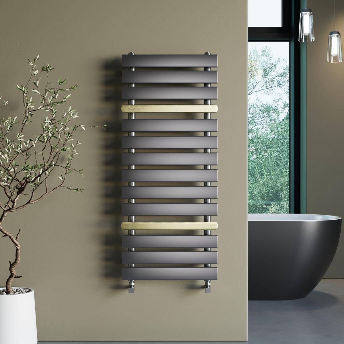 Gunmetal Grey Towel Radiator with Brass Bars 1200 x 500mm - Iraya