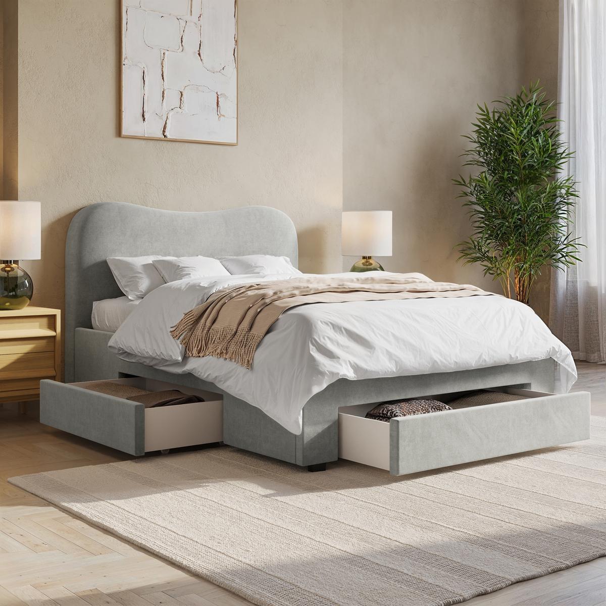 GRADE A1 - Grey Upholstered Double Bed Frame with Storage Drawers – Joanie