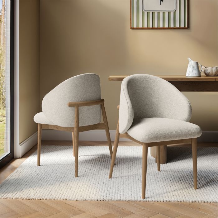 Beige Upholstered Curved Dining Chair With Solid Oak Exposed Back - Kori