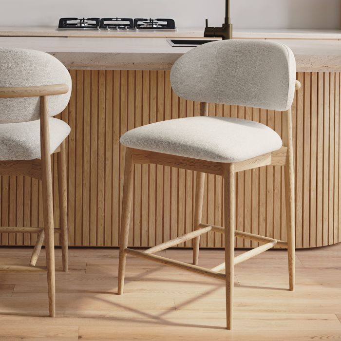 ONLY OPENED - Beige Upholstered Curved Kitchen Stool With Solid Oak Exposed Back - Kori