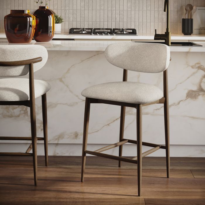 Walnut and Beige Upholstered Curved Kitchen Stool with Open Back - Kori