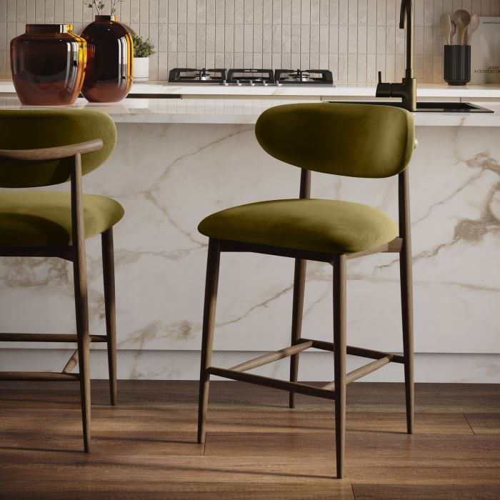 Walnut and Olive Green Upholstered Curved Kitchen Stool with Open Back - Kori