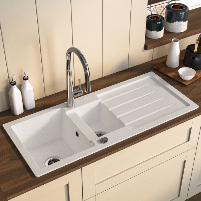 1.5 Bowl White Inset Granite Composite Kitchen Sink with Reversible Drainer - Enza Laurie