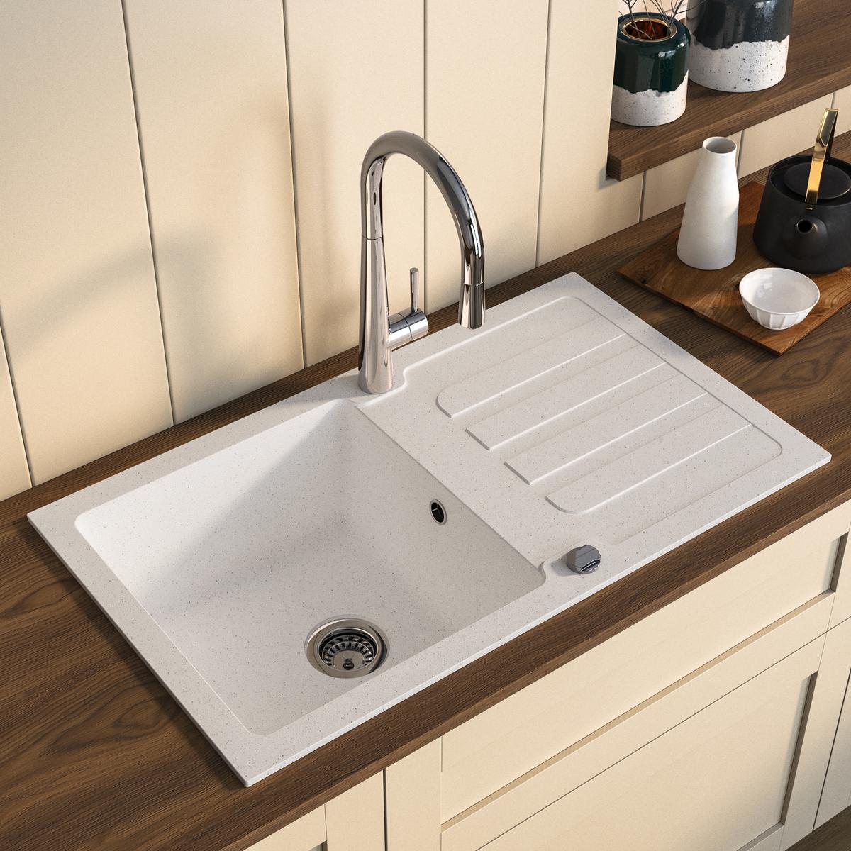 Single Bowl White Inset Composite Kitchen Sink and Reversible Drainer with Chrome Pull Out Kitchen Tap Set - Enza