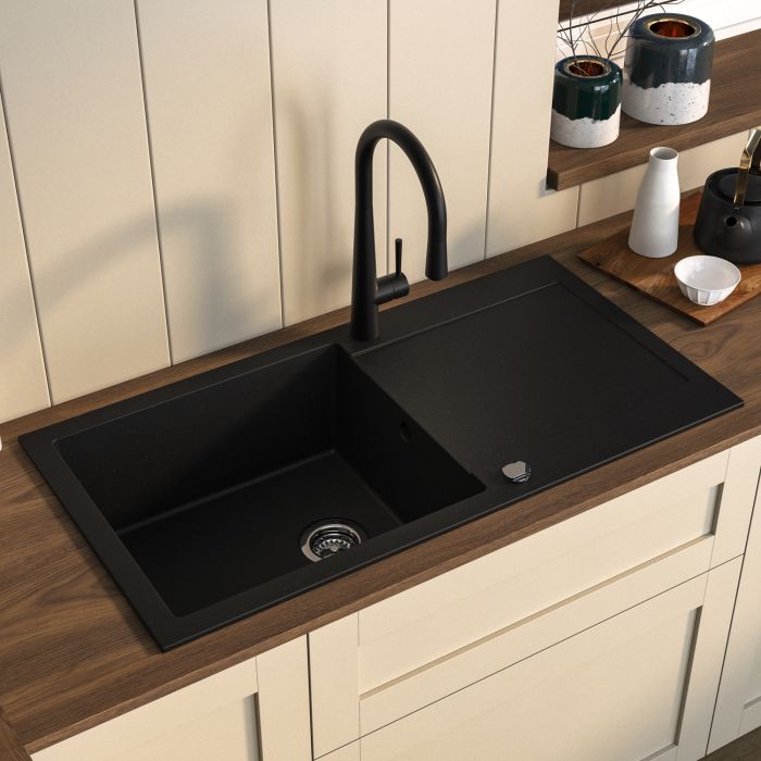ONLY OPENED - Large Single Bowl Black Inset Granite Composite Kitchen Sink with Reversible Drainer - Enza Laurie