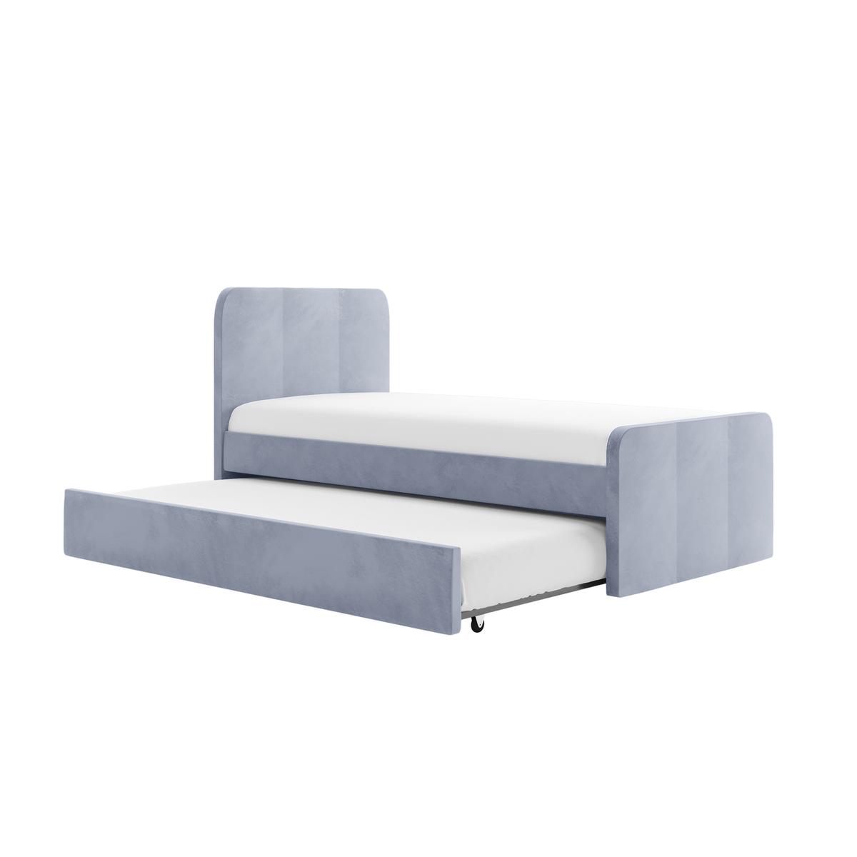 Blue Velvet Single Guest Bed with Trundle and 1 Mattress - Layla