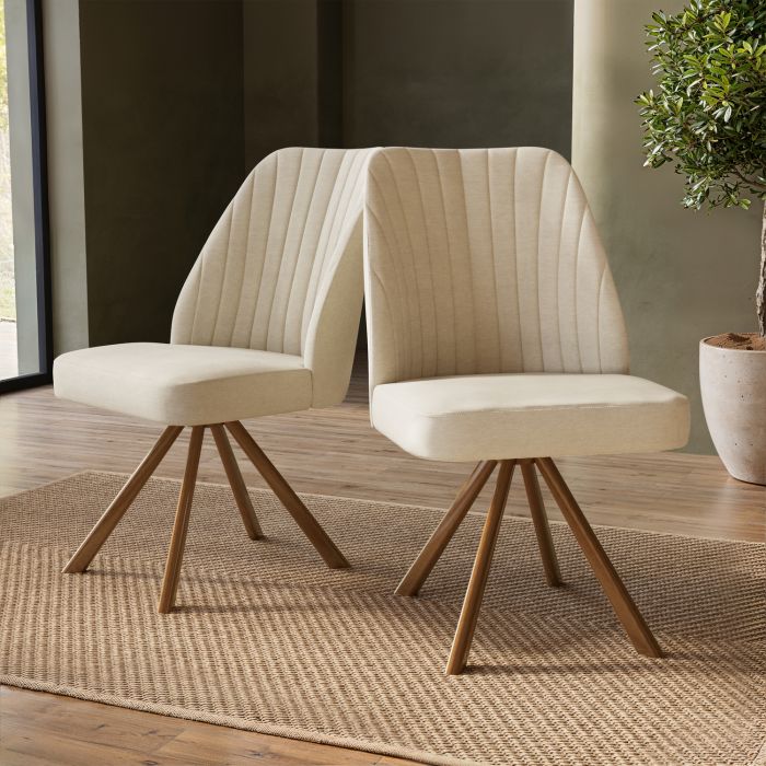 GRADE A1 - Set of 2 Beige Upholstered Swivel Dining Chairs with Walnut Effect Legs - Logan
