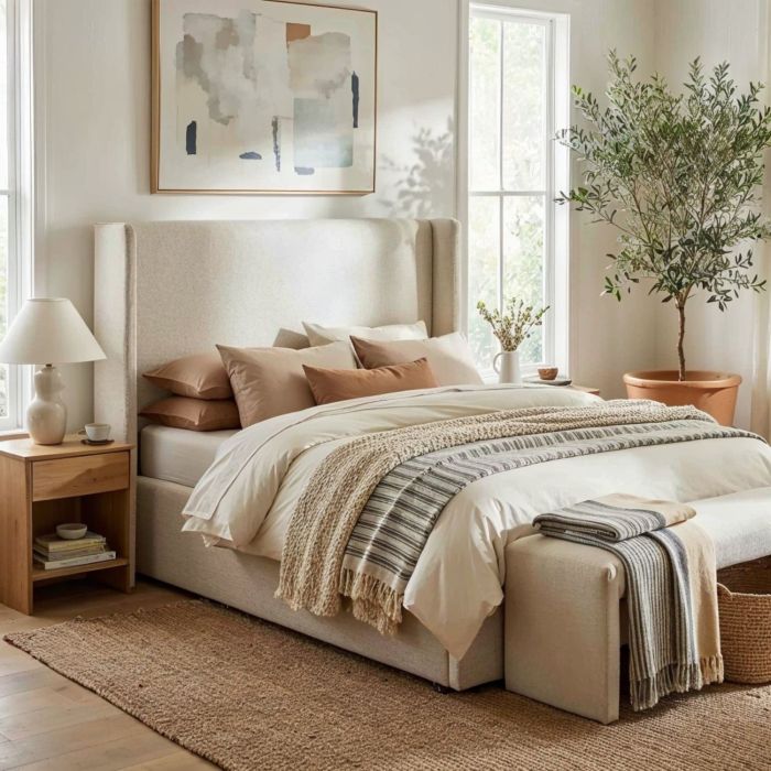 Cream Upholstered King Size Ottoman Bed with Winged Headboard - Loxley