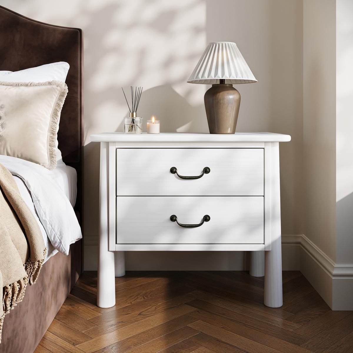 Wide White 2 Drawer Bedside Table - Loretta