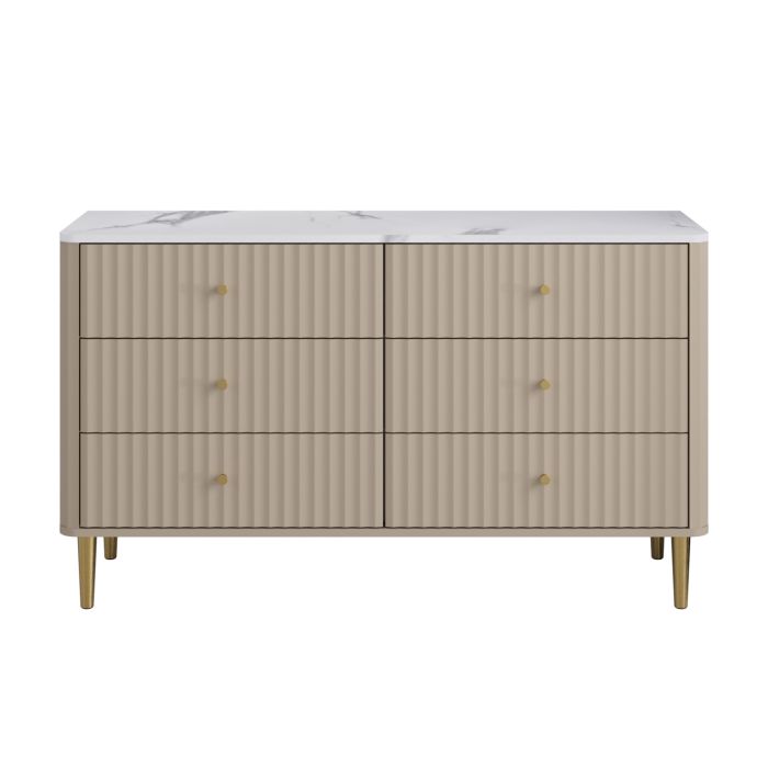 Wide Taupe Marble Top Fluted 6 Drawer Chest of Drawers - Lucia