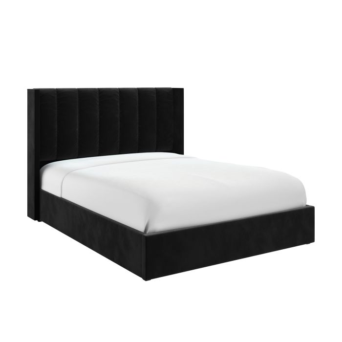 Black Velvet Double Ottoman Bed with Winged Headboard - Maddox
