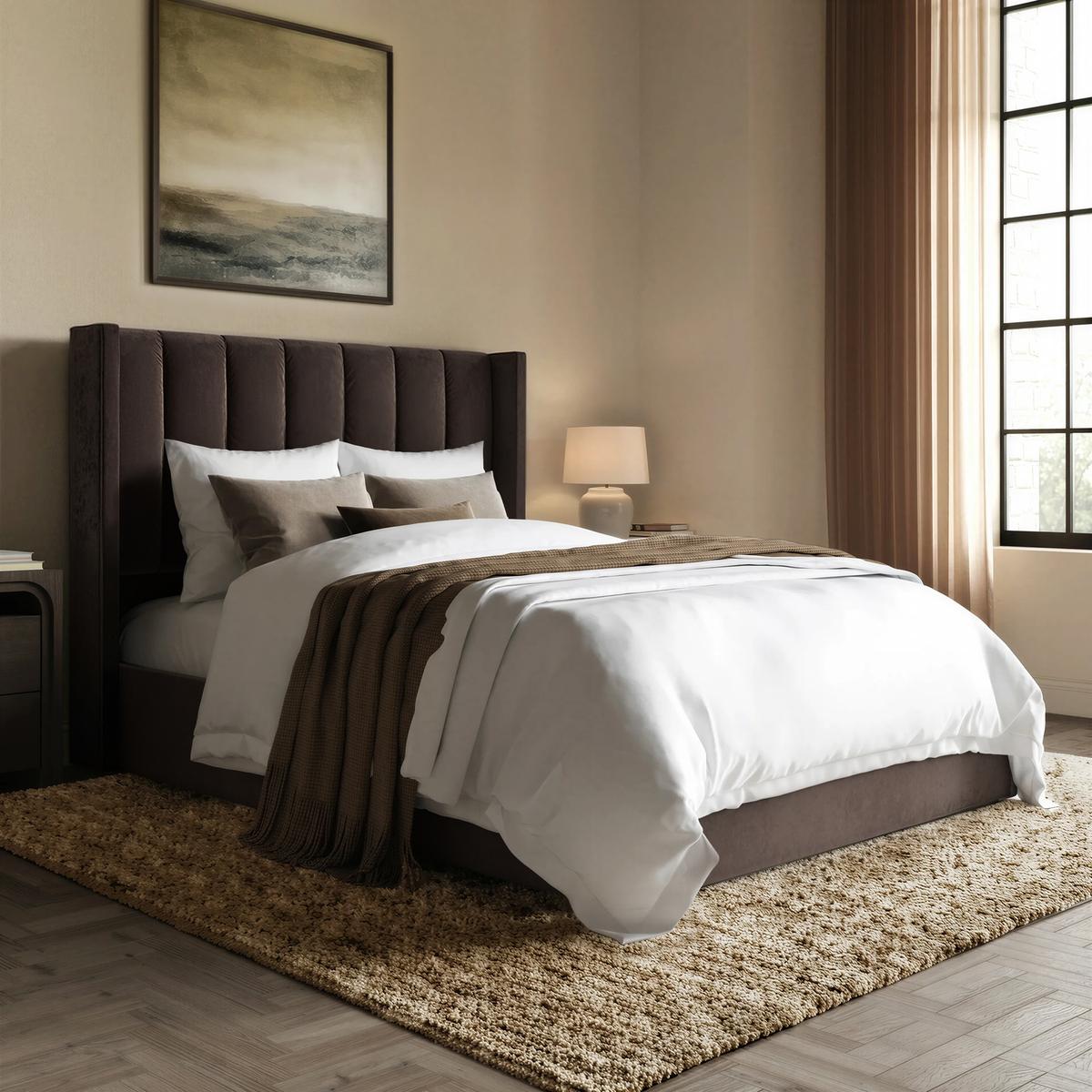 Chocolate Brown Velvet Double Ottoman Bed With Winged Headboard - Maddox