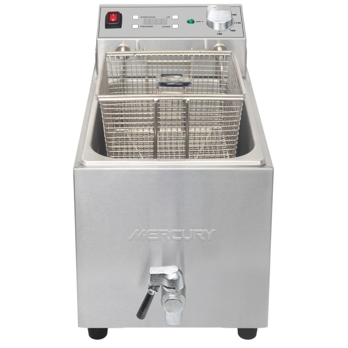 Refurbished Mercury Single Tank 8ltr Countertop Commercial Electric Fryer With Digital Timer And Drain Tap 13 Amp. MEF-L8-SAT