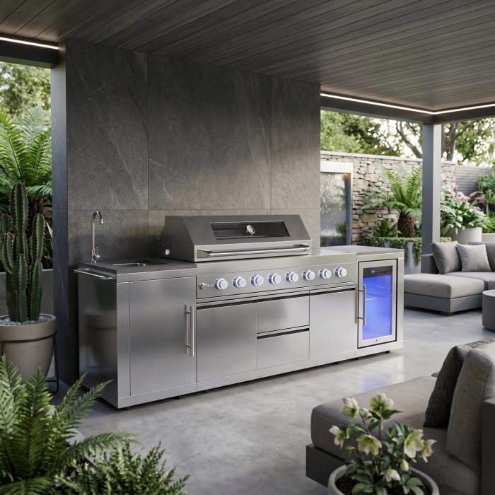 Monster Grill - Ultimate Outdoor Kitchen - 6 Burner Gas BBQ Grill with Fridge and Sink