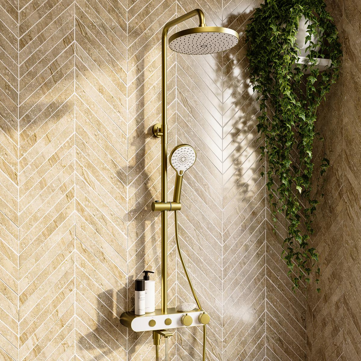 GRADE A2 - Brushed Brass Round Thermostatic 3 Outlet Mixer Shower Set with Bath Filler Spout  Push Buttons and Shelf- Mika