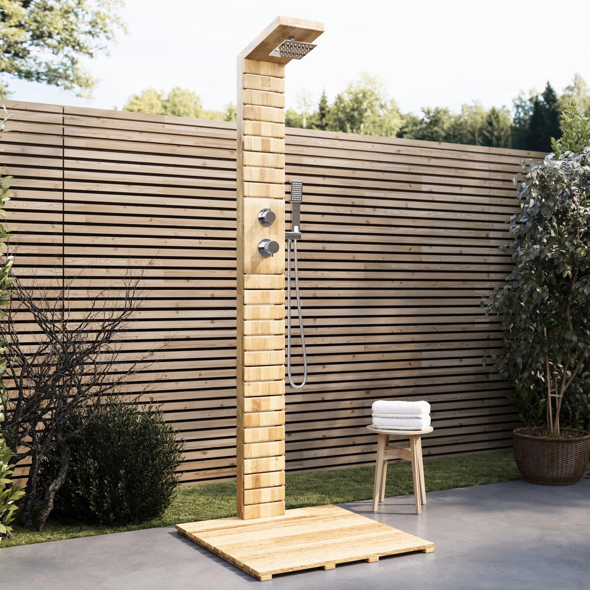 GRADE A1 - Wooden Thermostatic Outdoor Shower with Square Hand Shower 2 Outlets - Namara
