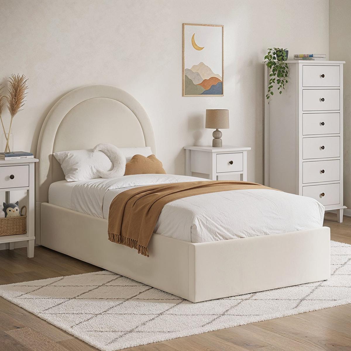 ONLY OPENED - Beige Velvet Single Side-Lift Ottoman Bed with Curved Headboard - Nora
