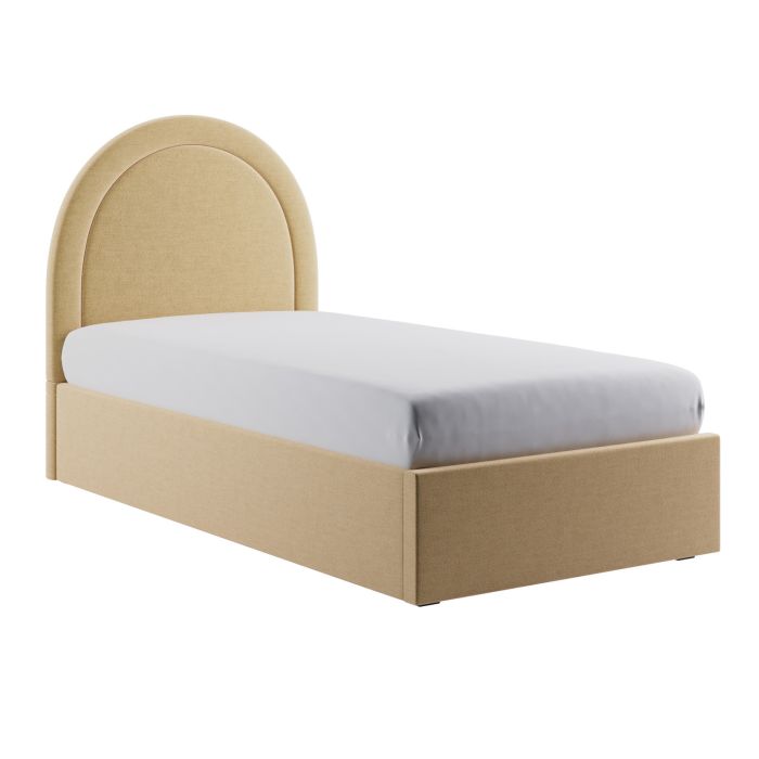 Butter Yellow Upholstered Single Side-Lift Ottoman Bed with Curved Headboard - Nora