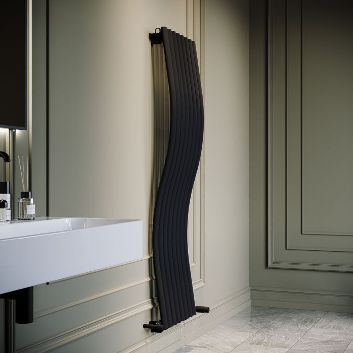 GRADE A1 - Black Vertical Wave Designer Single Panel Radiator 1600 x 470mm - Opala