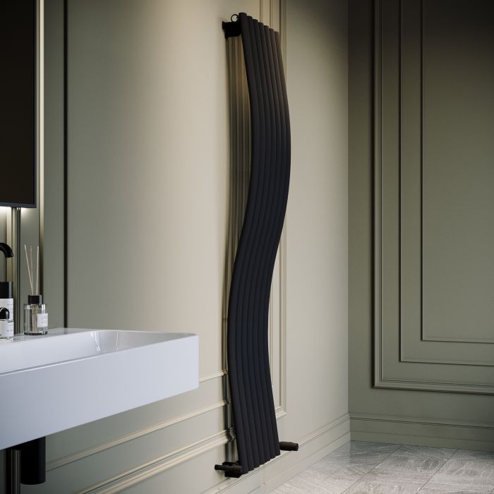 GRADE A1 - Black Vertical Wave Designer Single Panel Radiator 1800 x 400mm - Opala