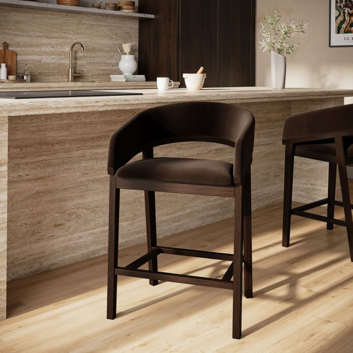 GRADE A1 - Walnut & Chocolate Brown Velvet Curved Kitchen Stool with Back - Owen