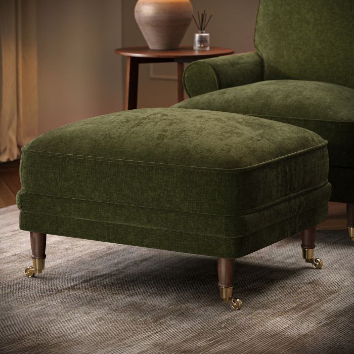 GRADE A1 - Moss Green Chenille Feather-Filled Footstool - Payton Heritage