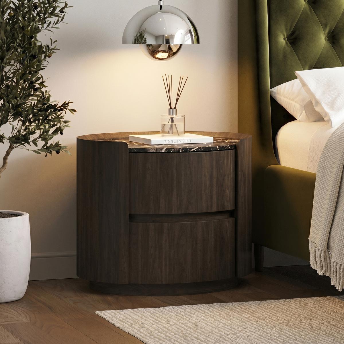 Walnut and Marble-Effect 2 Drawer Bedside Table - Raffaele
