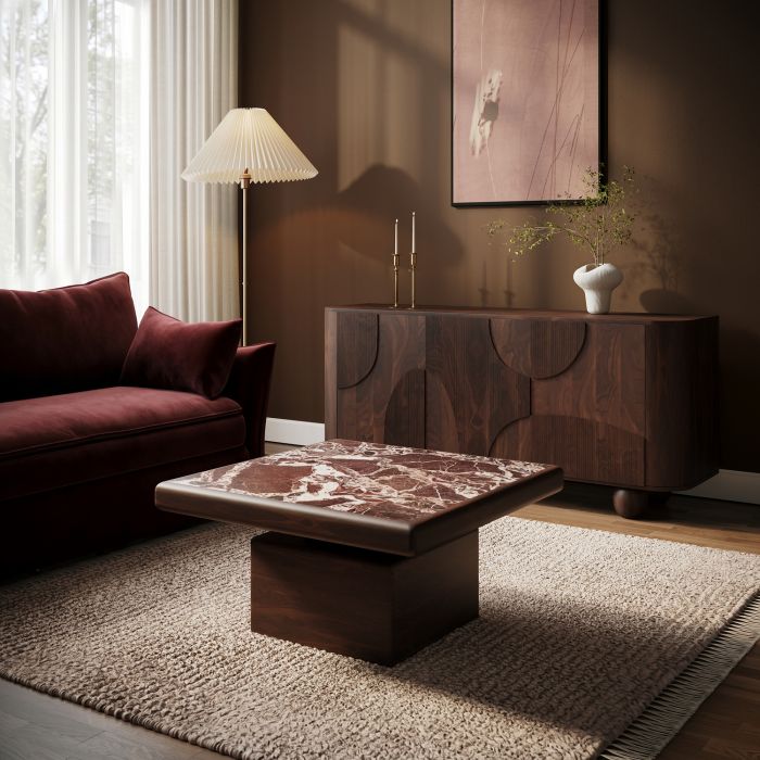 Large Mango Wood and Red Marble Square Coffee Table - Rana