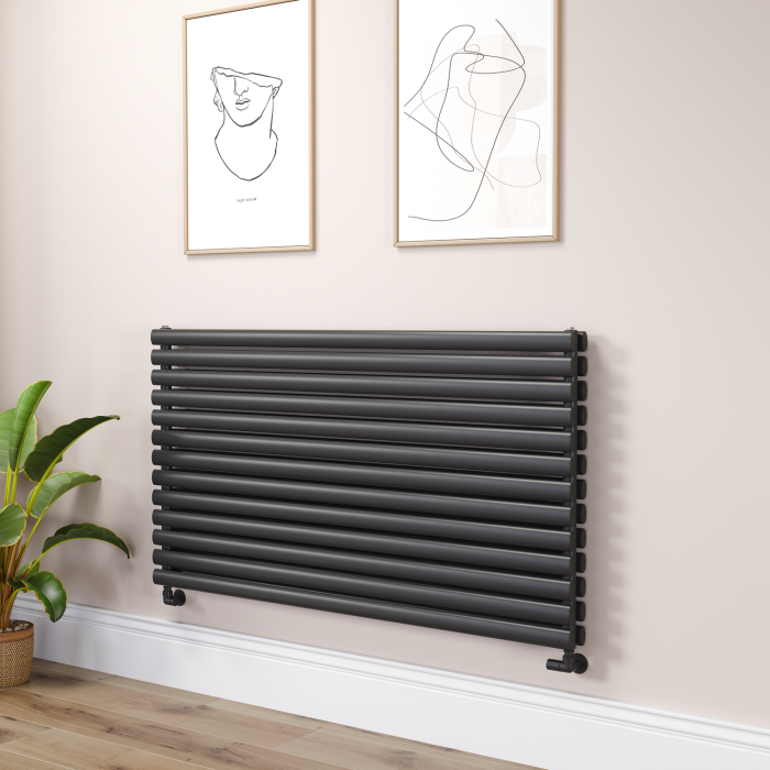 Sorrento Linea Midnight Black Oval Designer Radiator 767x1400mm Double Panel 6519 BTU - Horizontal Bars