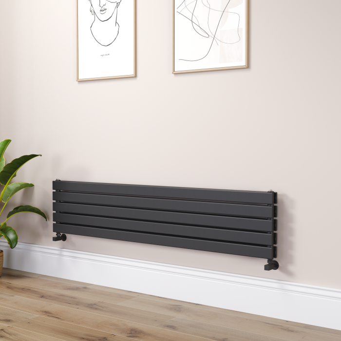 Riace Linea Midnight Black Flat Designer Radiator 350x1600mm Double Panel 3140 BTU - Horizontal Bars