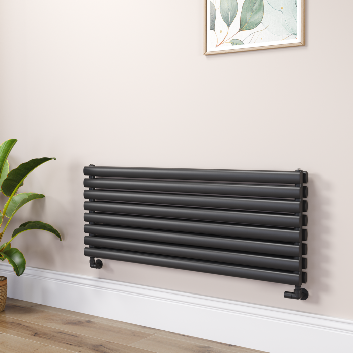 Sorrento Linea Midnight Black Oval Designer Radiator 472x1200mm Double Panel 3485 BTU - Horizontal Bars