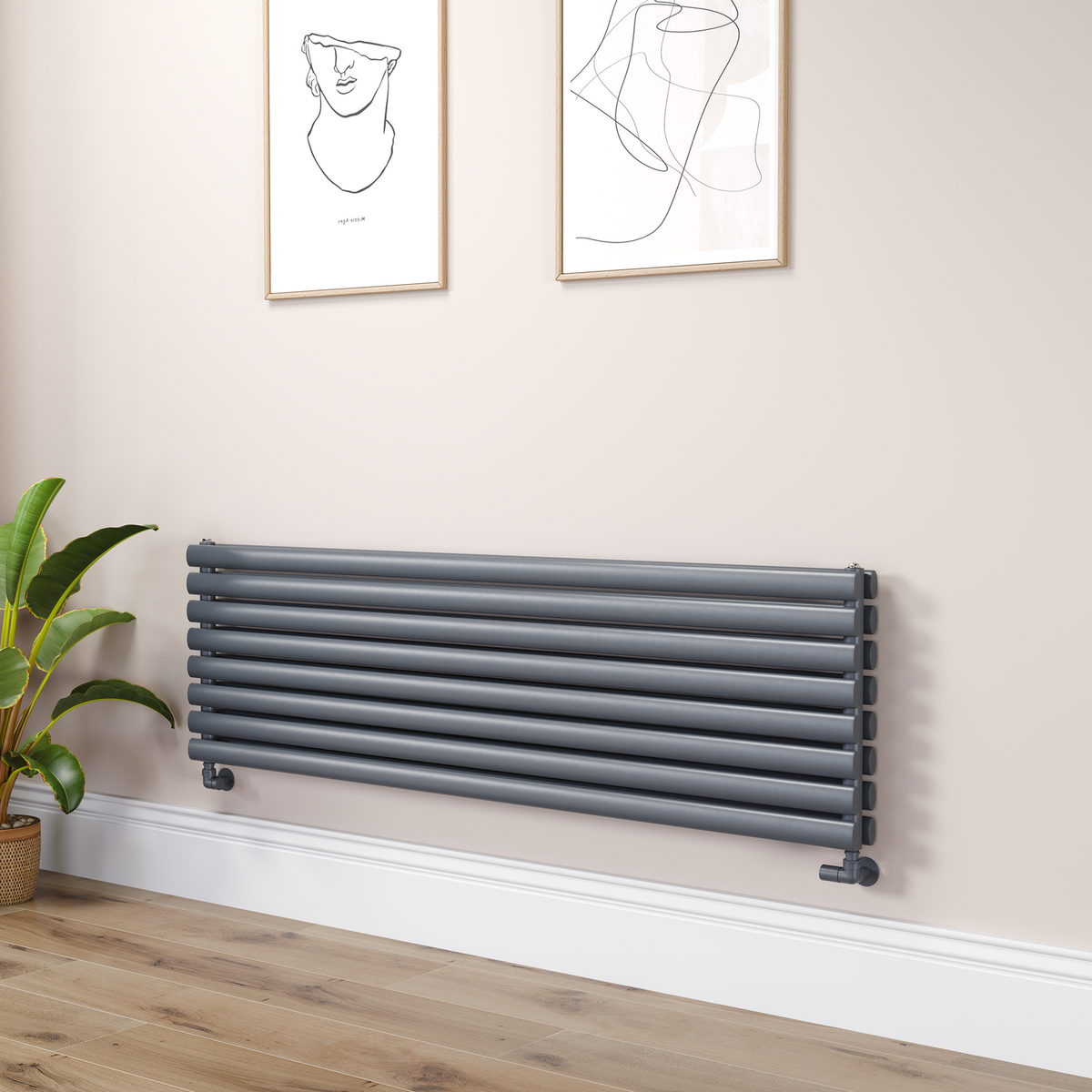 GRADE A2 - Sorrento Linea Dark Grey Anthracite Oval Designer Radiator 472x1600mm Double Panel 4539 BTU - Horizontal Bars