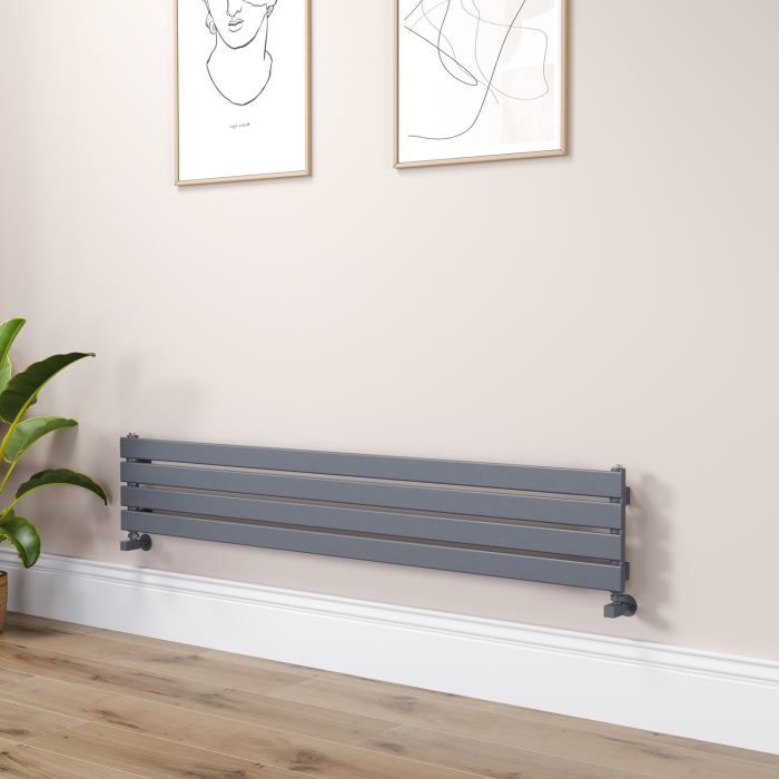 Riace Linea Dark Grey Anthracite Flat Designer Radiator 280x1600mm Single Panel 1686 BTU - Horizontal Bars