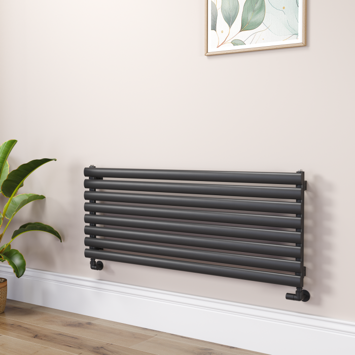 Sorrento Linea Midnight Black Oval Designer Radiator 472x1200mm Single Panel 2294 BTU - Horizontal Bars