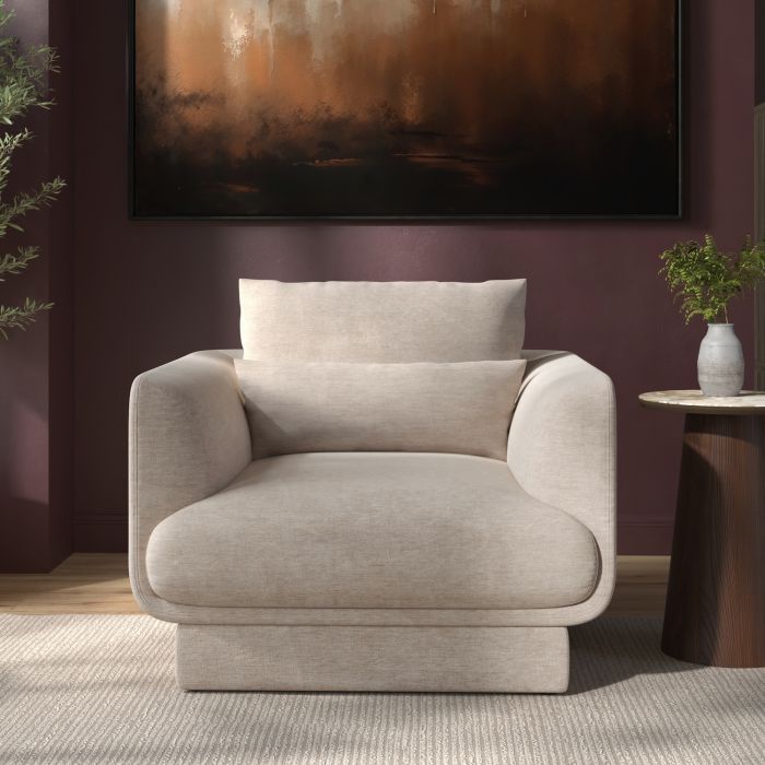 GRADE A1 - Beige Chenille Armchair with Cushion - Ramses 