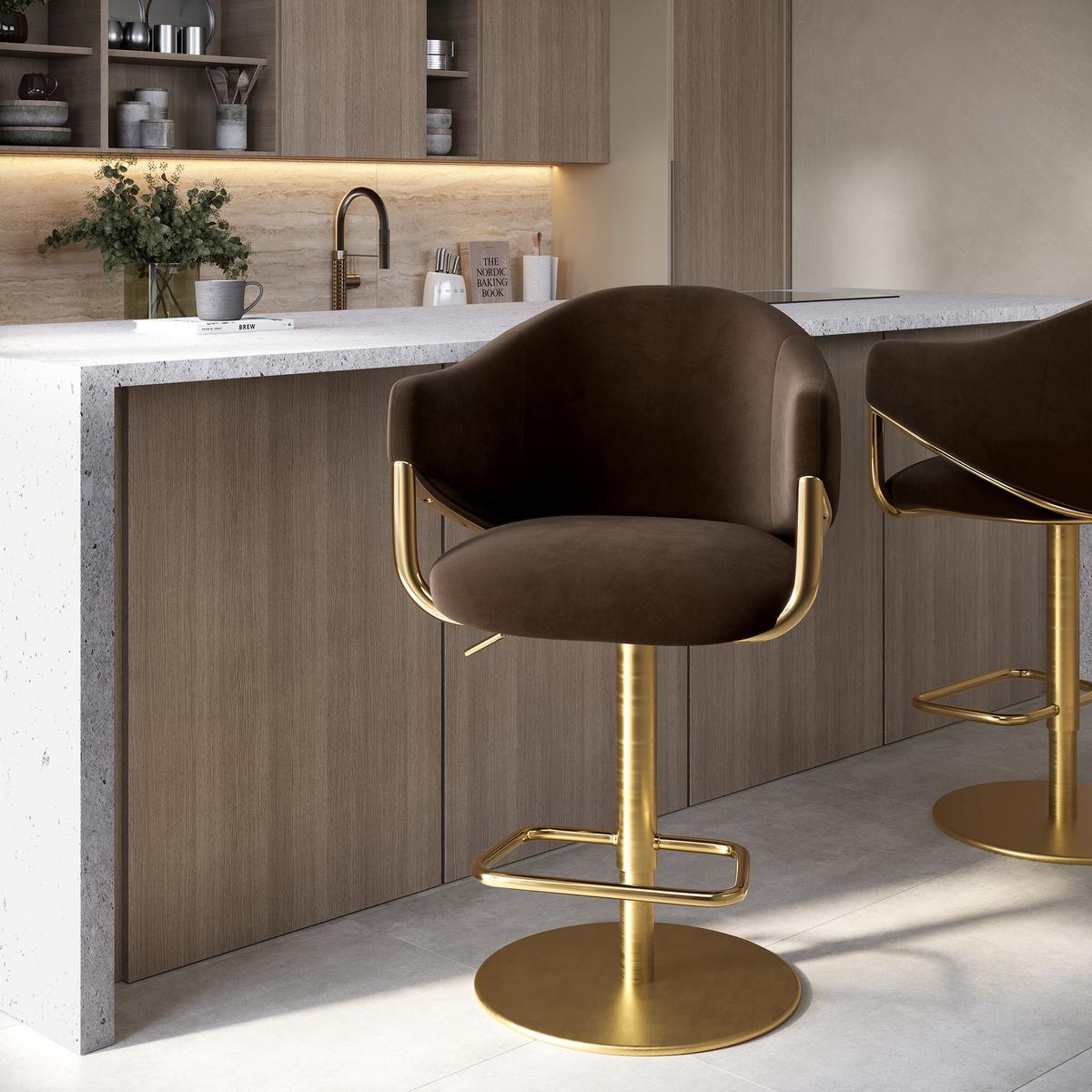 GRADE A1 - Brown Velvet Adjustable Swivel Bar Stool with Gold Base - Ronnie
