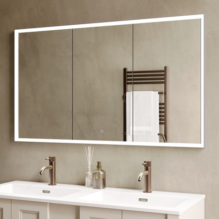 Triple Door Recessed Bathroom Mirror Cabinet with Lights Demister & Socket 1200 x 700mm - Rona