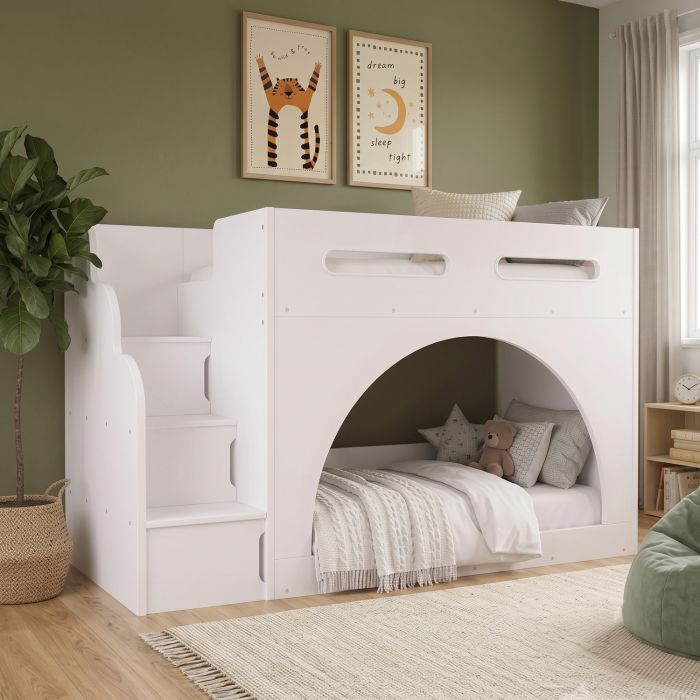 White Bunk Bed with Stairs and Storage - Rossa