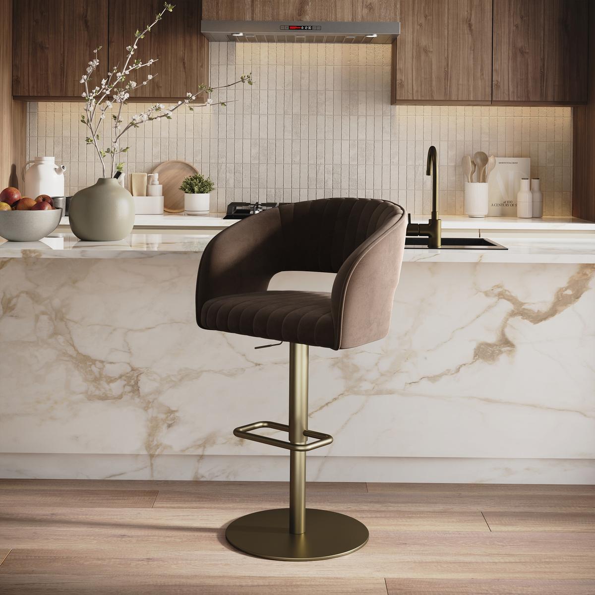 GRADE A1 - Curved Brown Velvet Adjustable Swivel Bar Stool with Brass Base - Runa