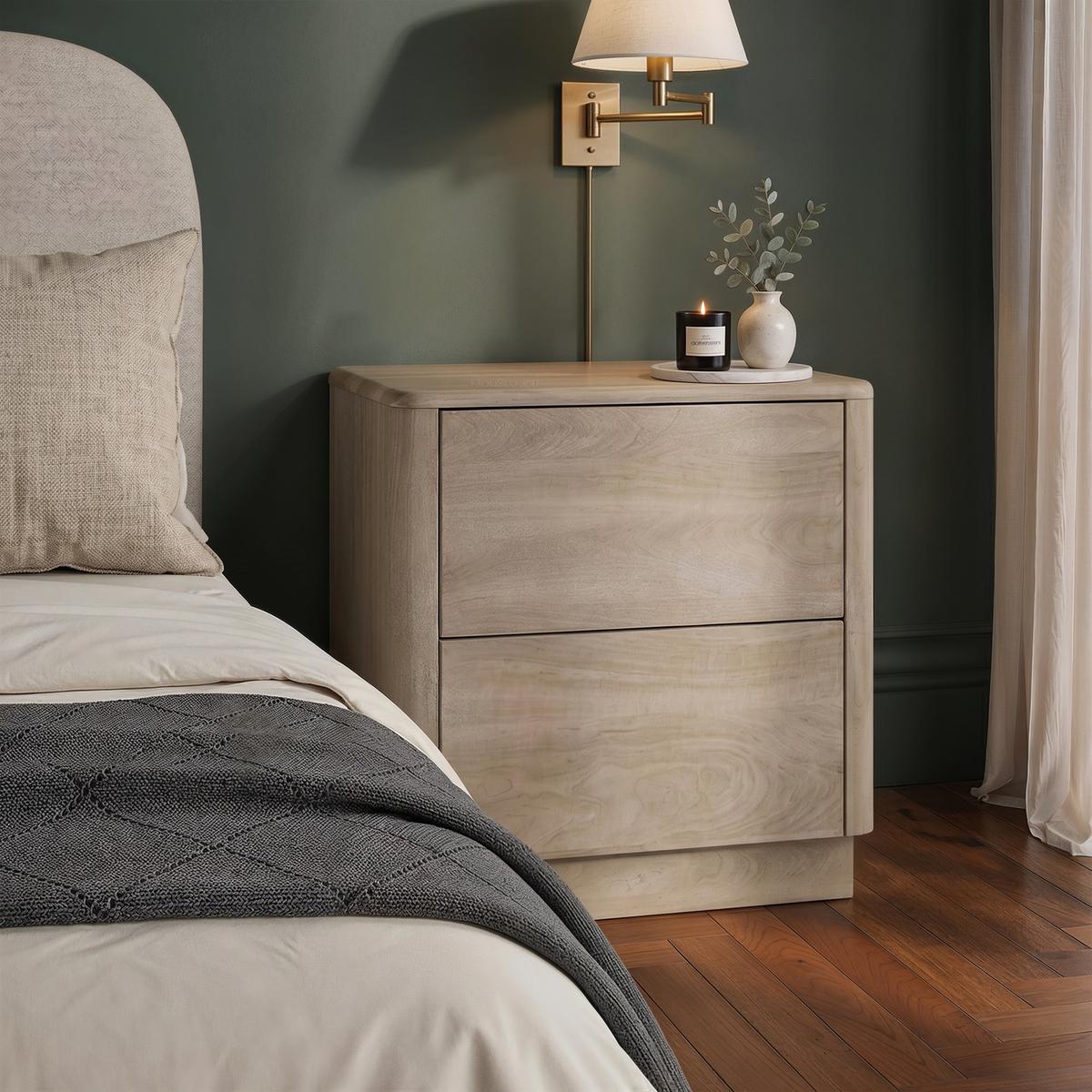 Modern Light Oak 2 Drawer Bedside Table - Rowan
