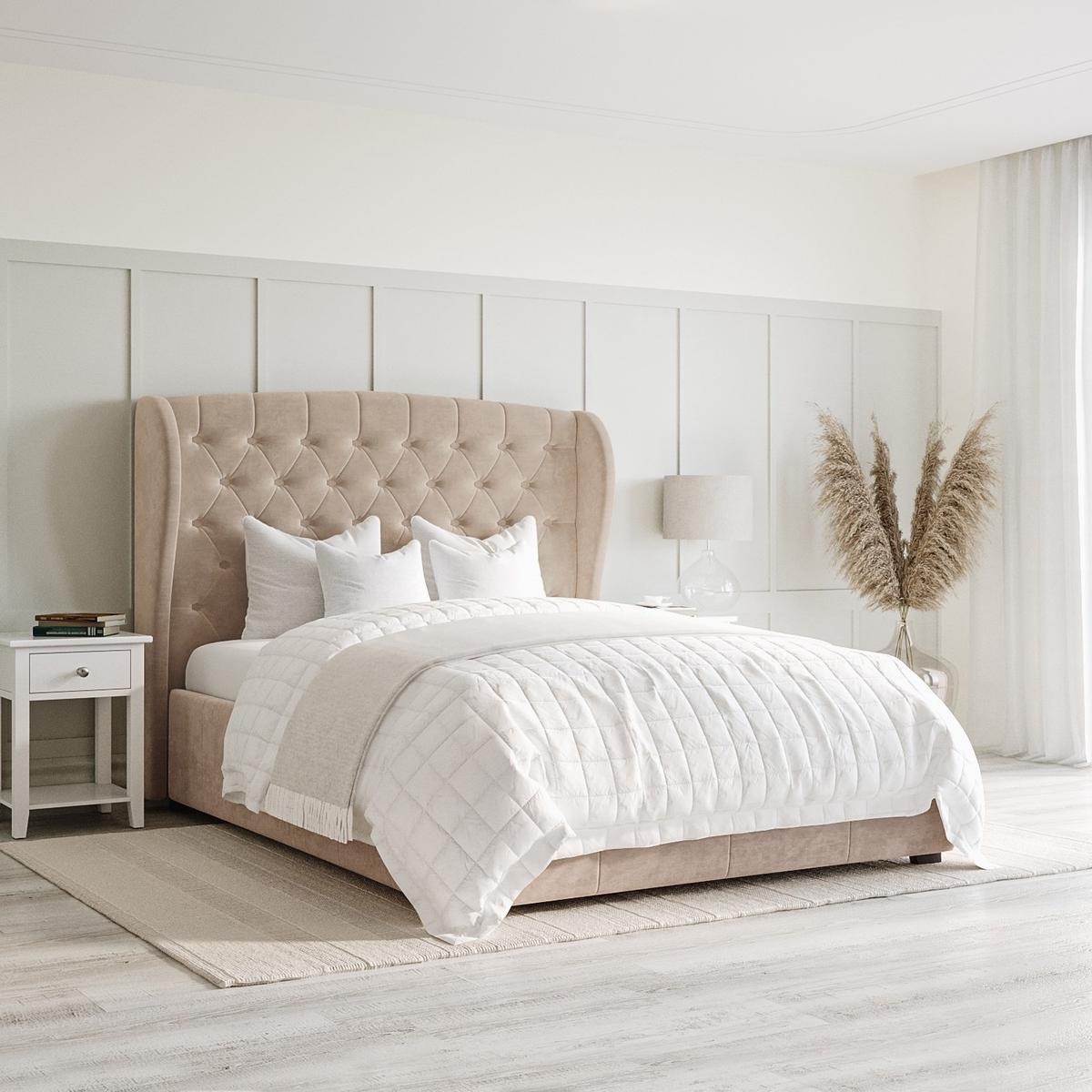 Beige Velvet King Size Ottoman Bed with Winged Headboard - Safina