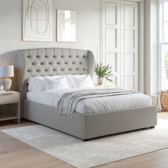 GRADE A1 - Grey Super King Ottoman Bed with Winged Chesterfield Headboard - Safina