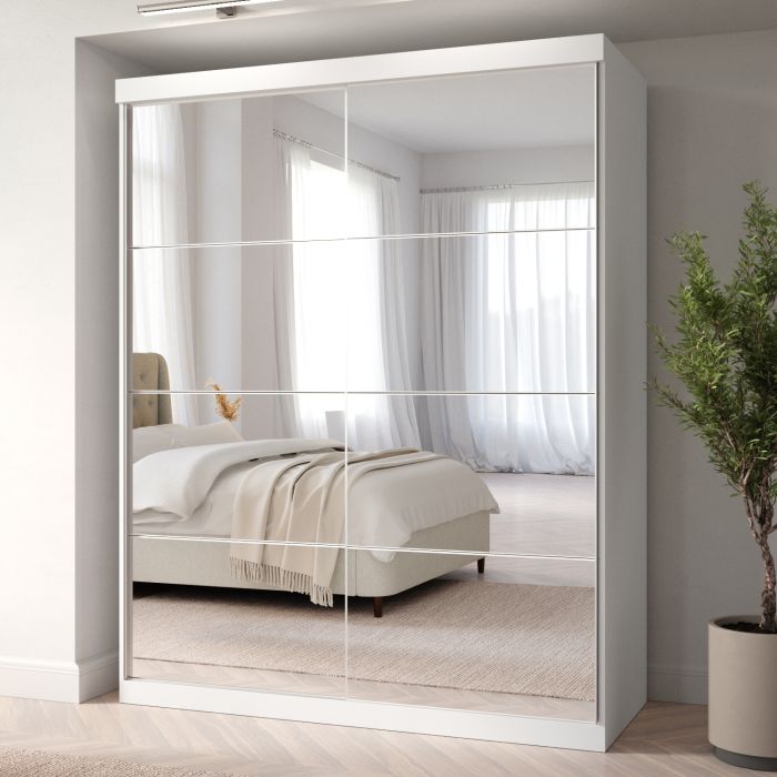 ONLY OPENED - White Mirrored Sliding Door Double Wardrobe with Shelves - Sidney