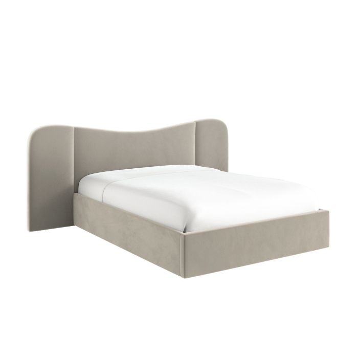 Beige Velvet King Size Ottoman Bed with Curved Wide Headboard - Samara