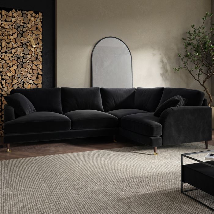 ALMOST PERFECT - Black Velvet 4 Seater Right Hand Corner Sofa - Payton